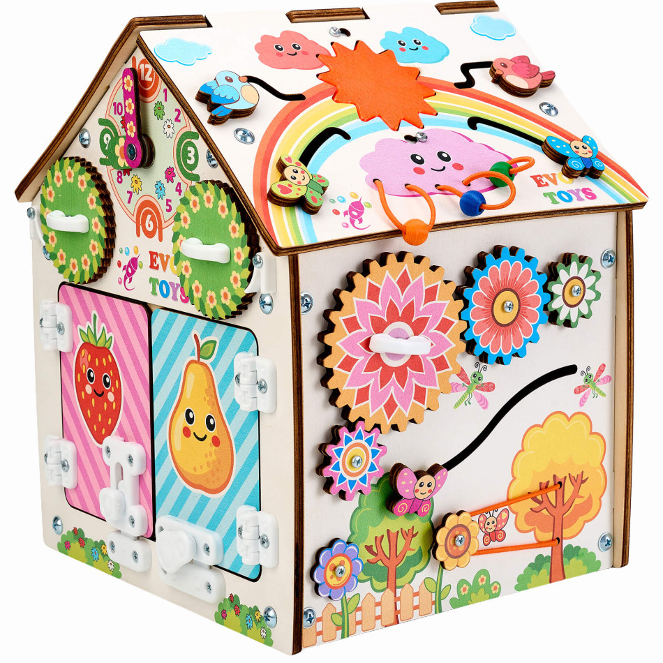 Бизиборд домик развивающий Фрукты 23х23х28 см со светом